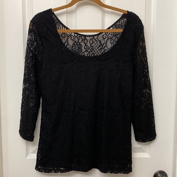 🆕 Adrianna Papell Women’s Lace Scallop Scoop-neck Blouse Black Size Medium - Picture 1 of 10